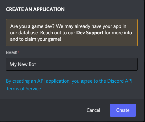 Give your new Discord Developer Application a descriptive name.
