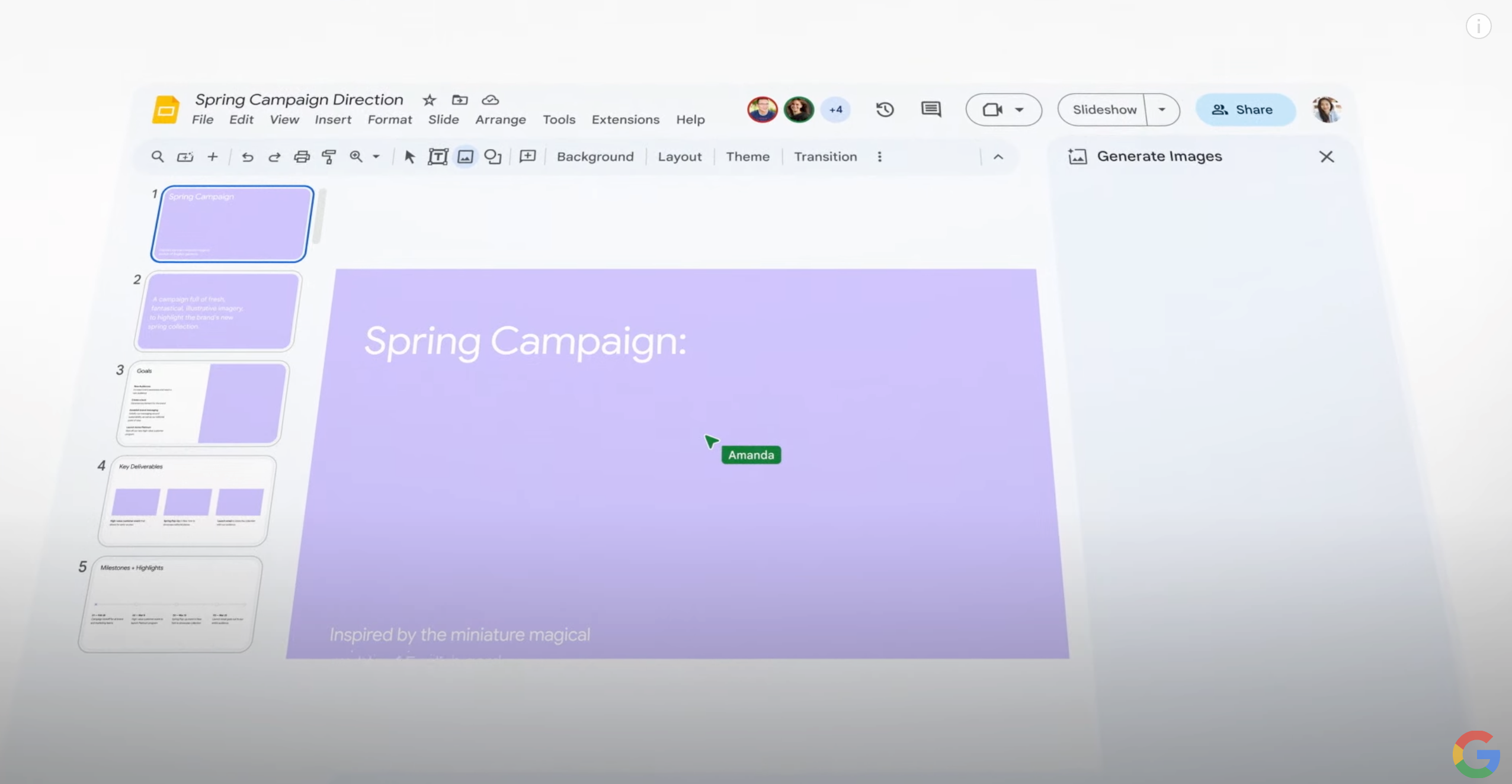 AI can generate a complete Slides presentation.