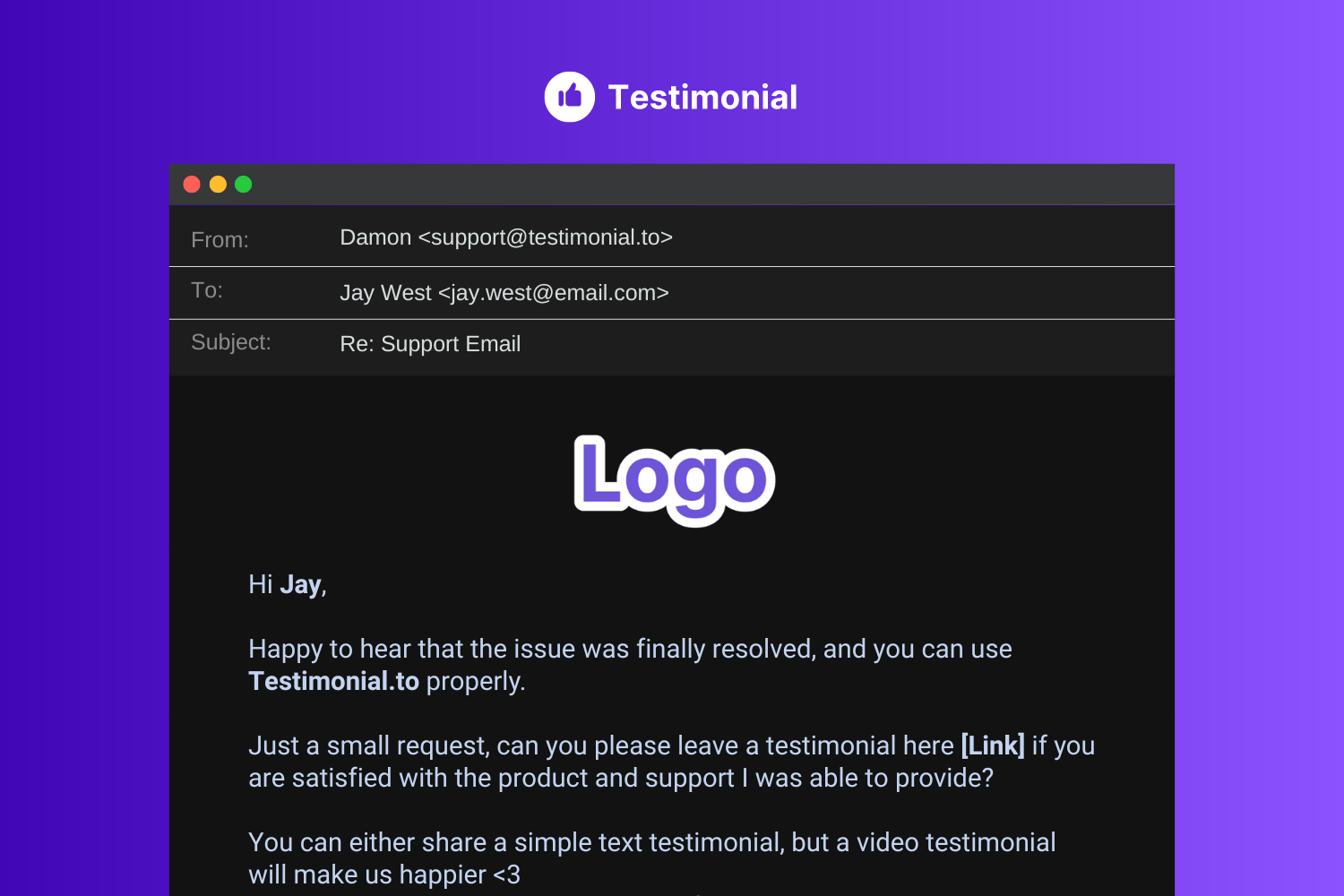 Sample support email