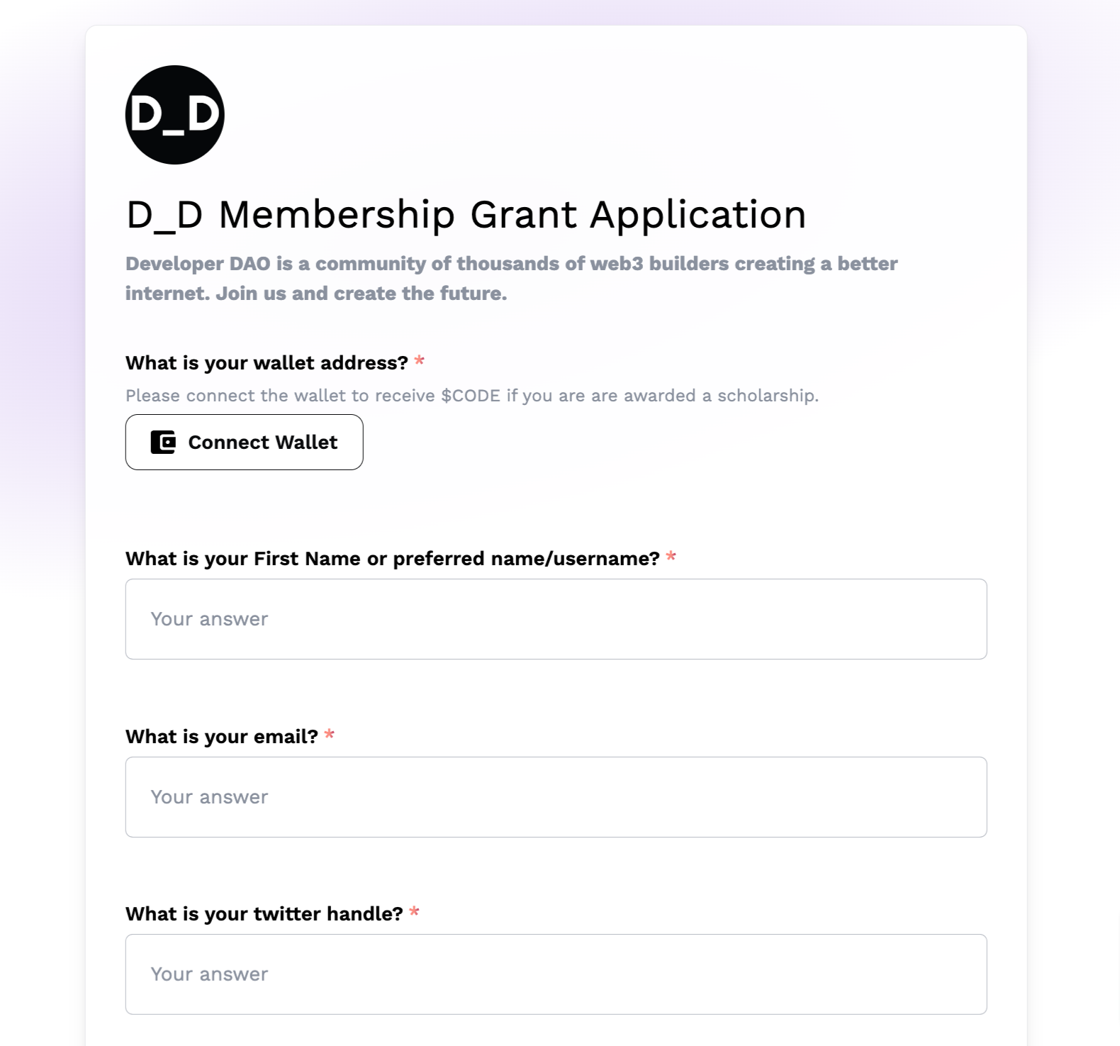 Preview of the D_D Membership Grant Application form, created using DeForm!
