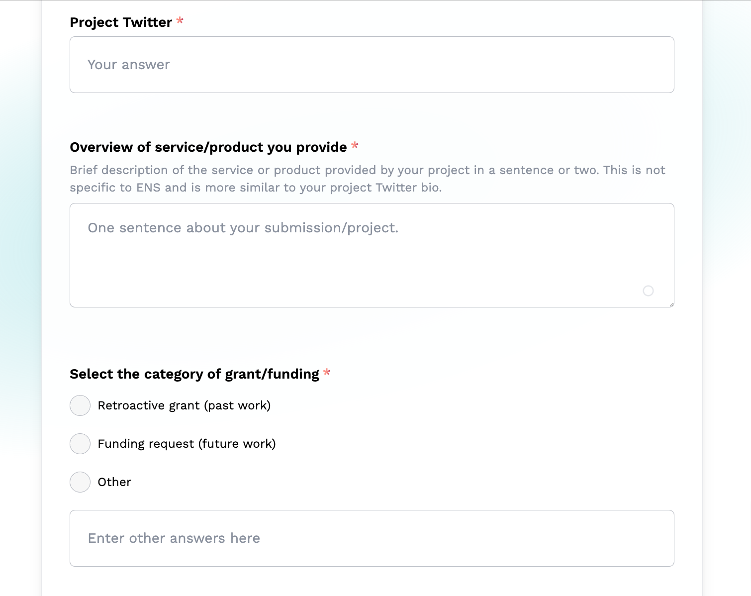 On this section of the form, you’ll notice the usage of short answer questions, long answer questions, and multiselect questions using DeForm.