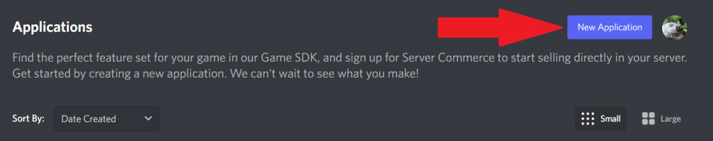 Click the New Application button to create your Discord Application