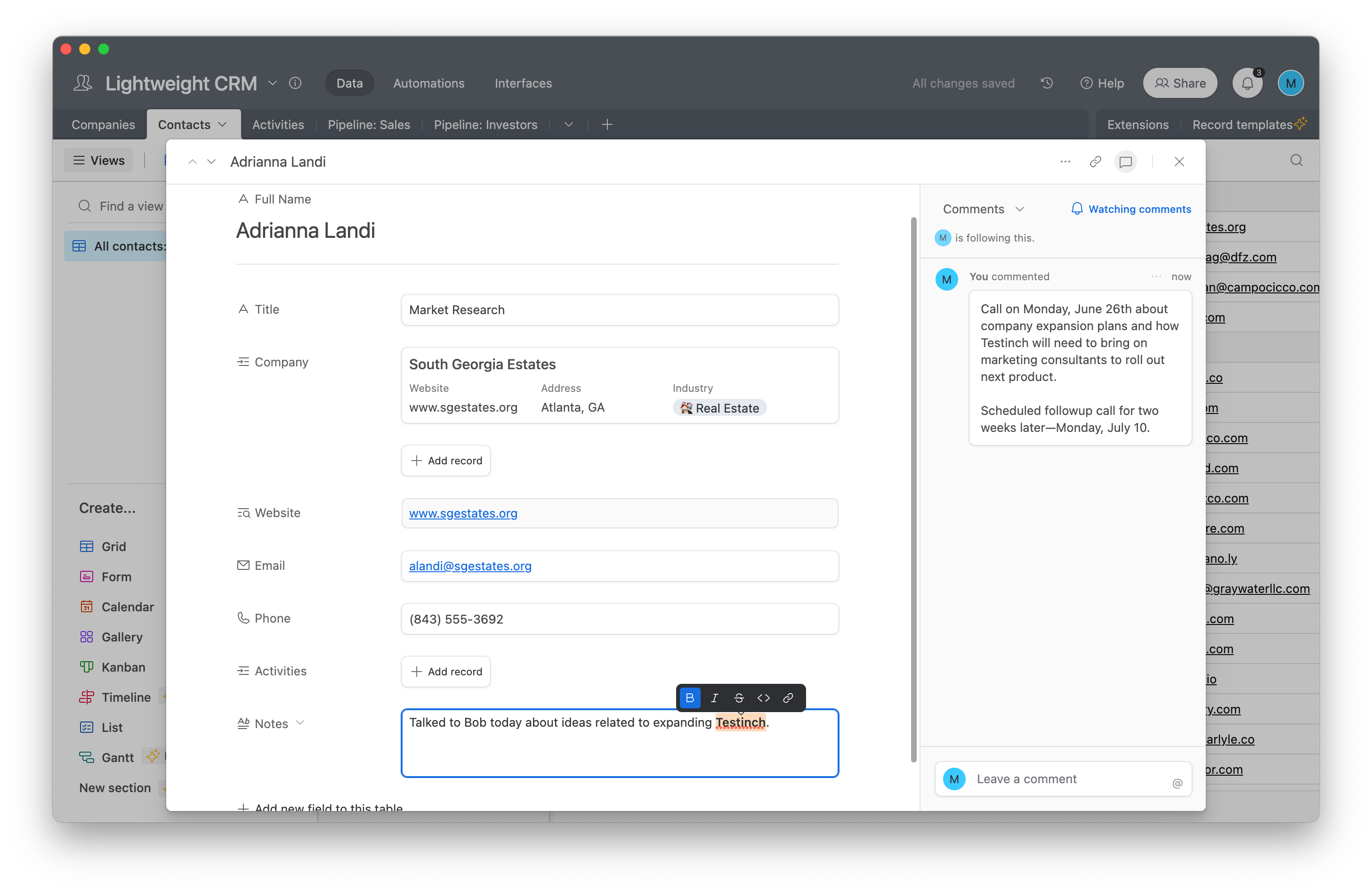 Airtable’s only limitation is in notes—with only space to add small, basic details to contacts.