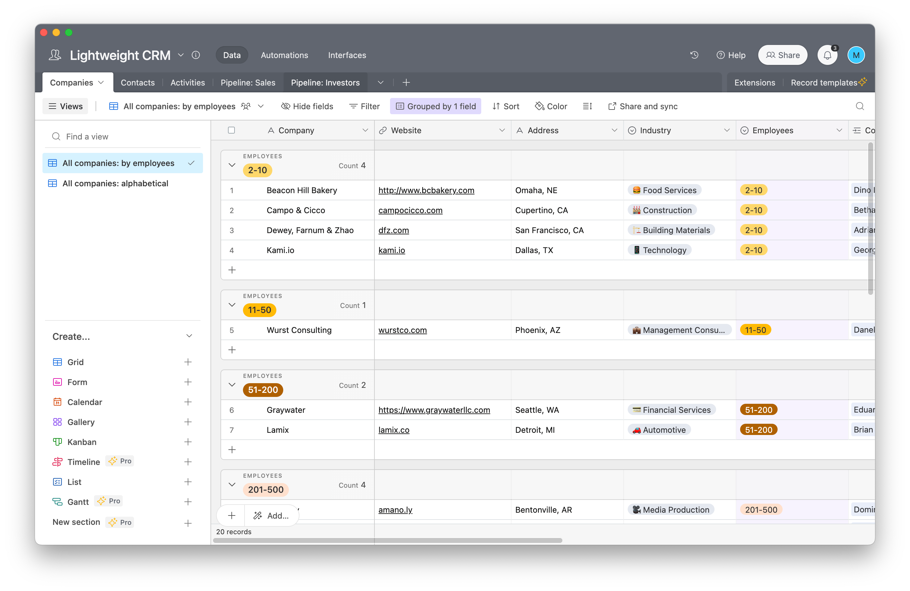 An Airtable CRM, built with Airtable’s Lightweight CRM template
