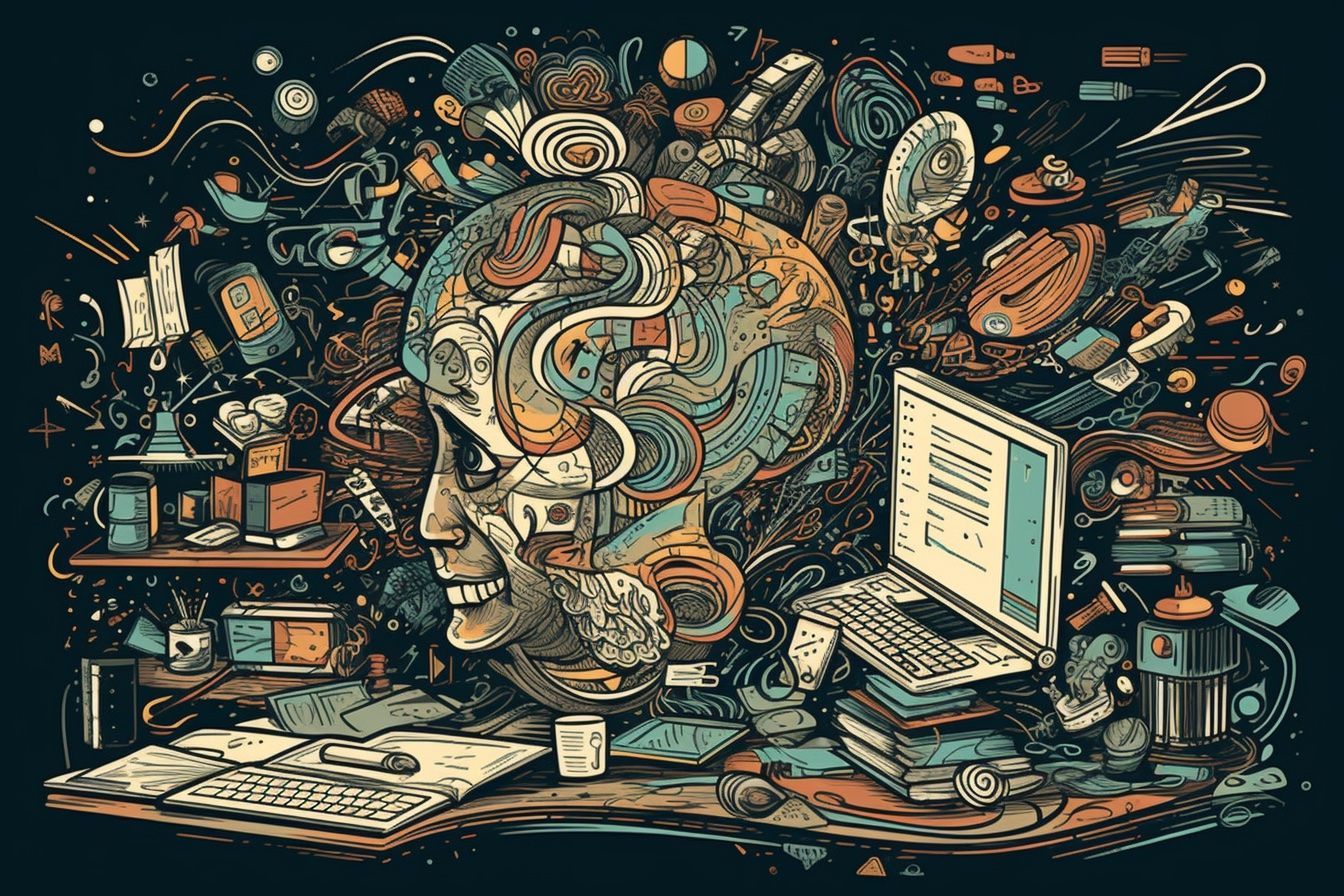 AI-generated illustration. MJ prompt: a luminescent illustration of the ideas and thoughts from our mind flowing into a computer screen like a rushing river, a once jumble of ideas focused and the important rising to the surface, the trivial fading to the background. --ar 3:2 --v 5 --s 750