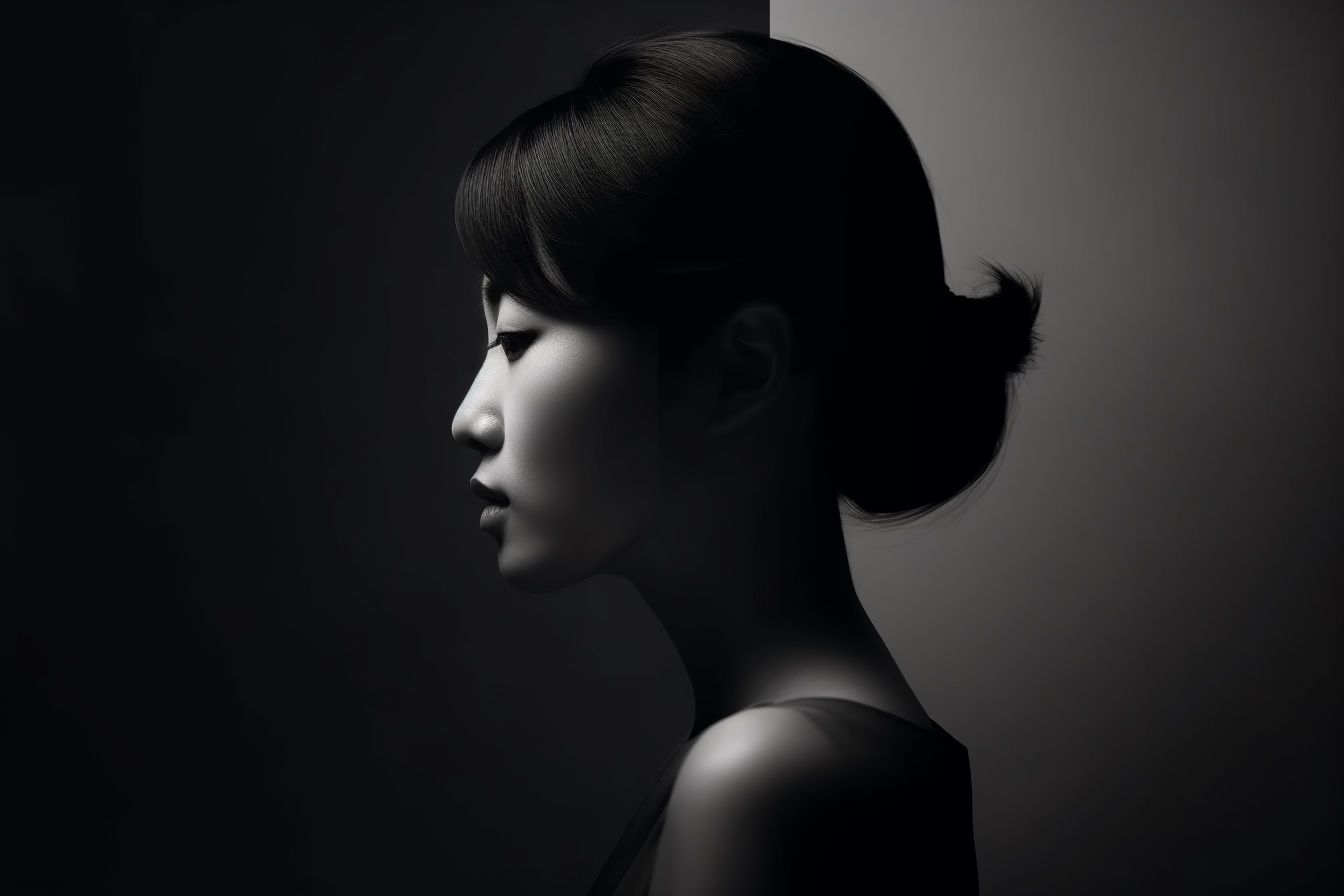 AI-generated image. MJ prompt: Create a minimalistic design portrait from Japan with a one color or smooth gradient background for a design aesthetic, that encapsulates the diverse concept of beauty, using luminogram effects to highlight the delicate features of a face or silhouette. --ar 3:2 --v 5 --s 750