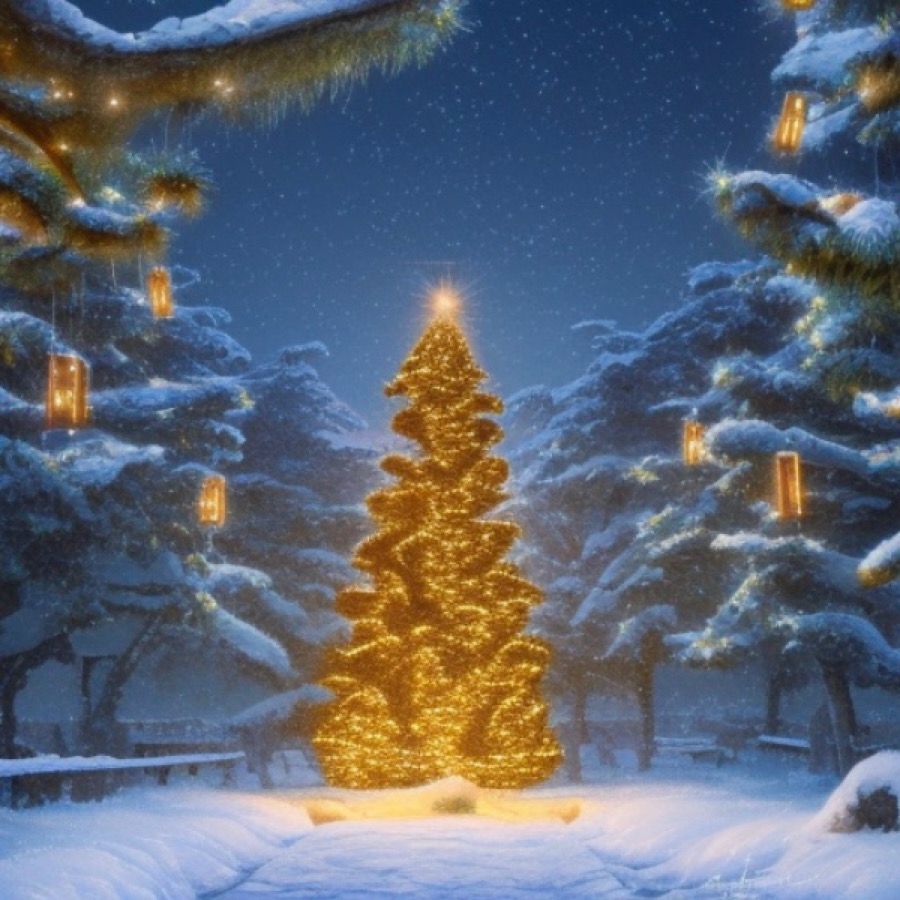 Prompt: a beautifully lit Christmas tree in a quiet Japanese countryside village