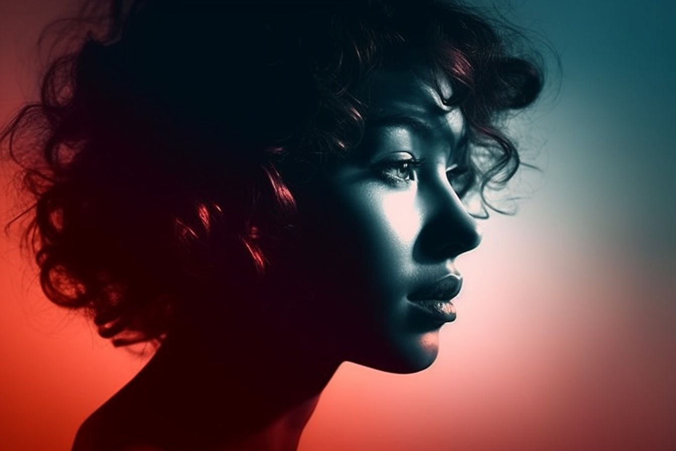AI-generated image. MidJourney prompt: Create a minimalistic design portrait with a one color or smooth gradient background for a design aesthetic, that encapsulates the concept of beauty, using luminogram effects to highlight the delicate features of a face or silhouette. --ar 3:2 --v 5 --s 750