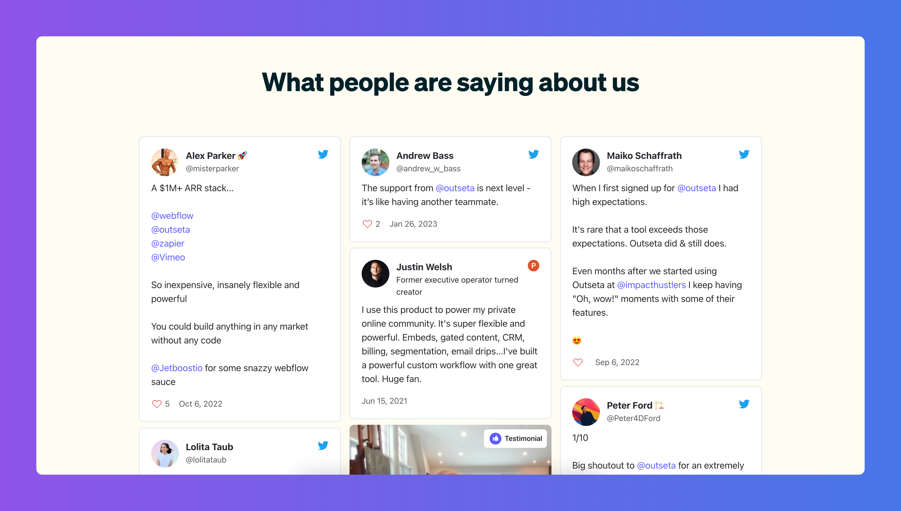 Outseta.com - Pricing page featuring testimonials 