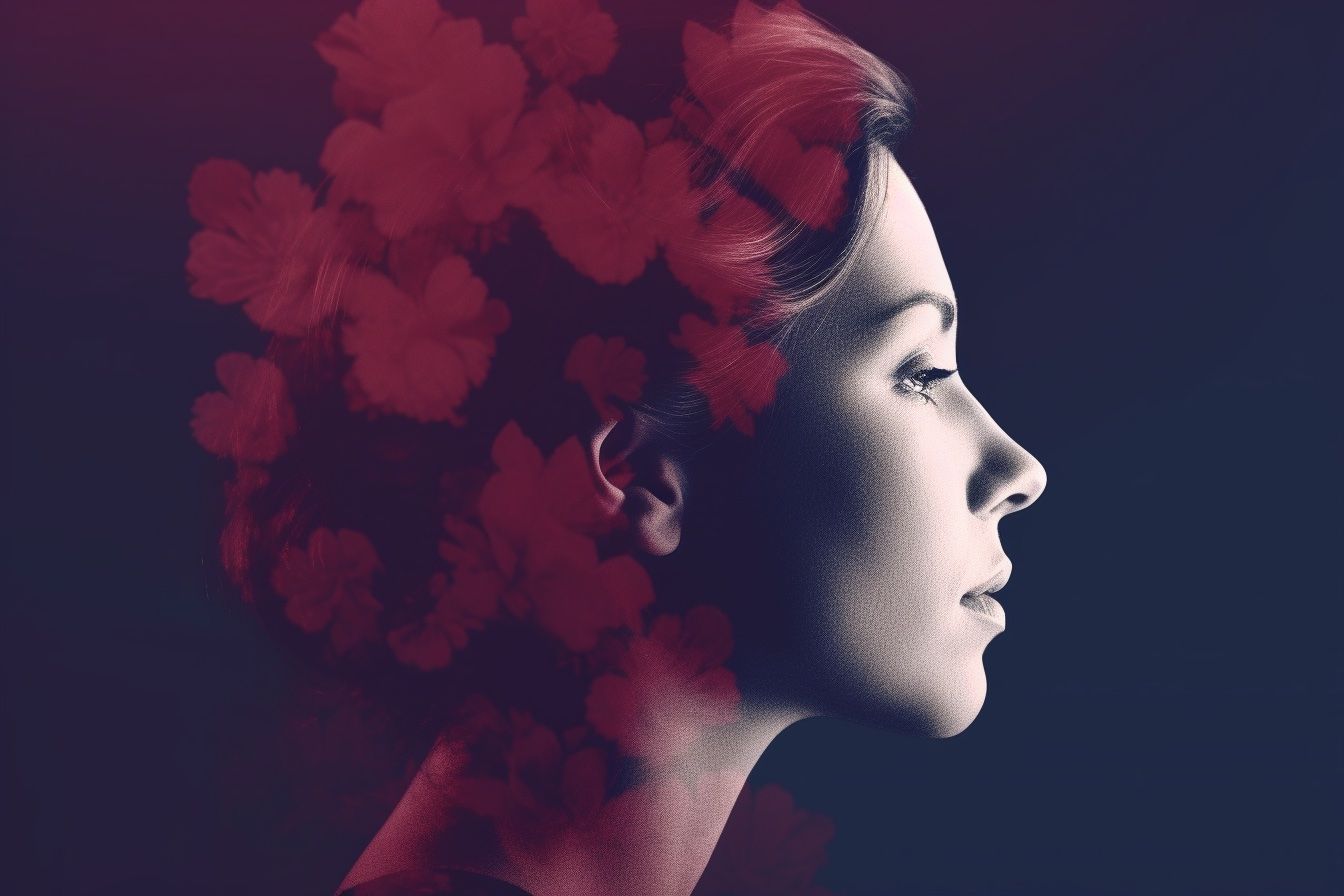 AI-generated image. MidJourney prompt: Create a minimalistic design portrait  with a one color or smooth gradient background for a design aesthetic, that encapsulates the concept of beauty, using luminogram effects to highlight the delicate features of a face or silhouette. --ar 3:2 --v 5 --s 750