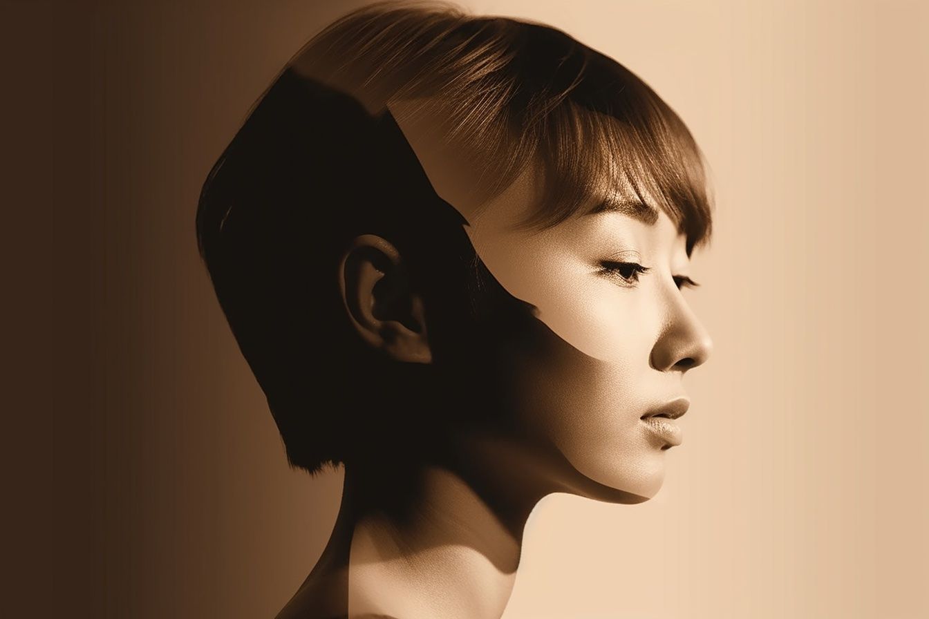 AI-generated profile portrait. MidJourney Prompt: Create a minimalistic design portrait with a one color or smooth gradient background for a design aesthetic, that encapsulates the concept of beauty, using luminogram effects to highlight the delicate features of a face or silhouette. --ar 3:2 --v5 --s 750 
