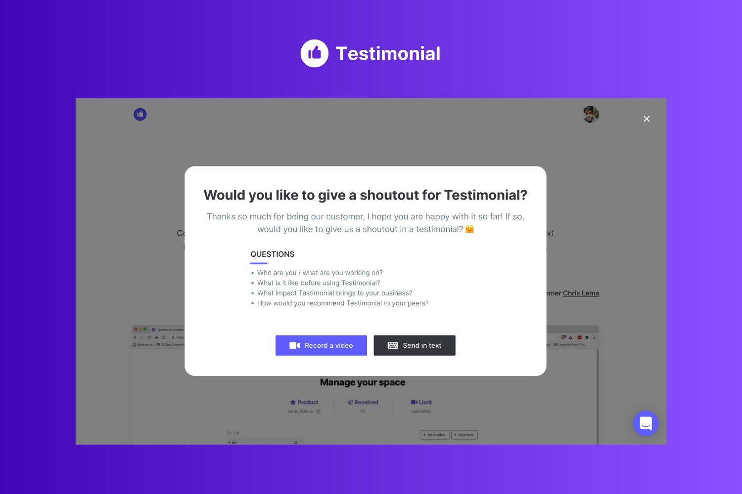 In-app Testimonial.to widget