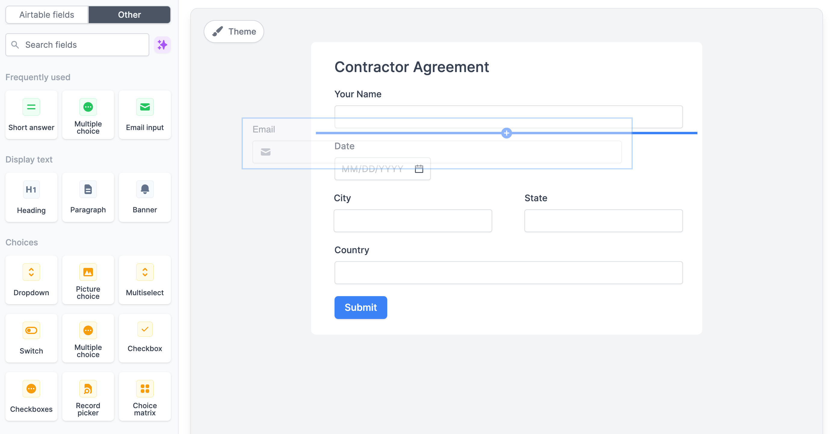 Drag-and-drop contract fields in—or use Fillout’s form AI to add them automatically