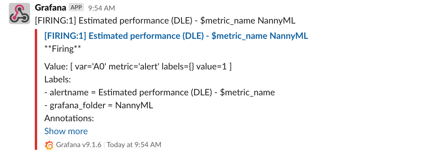 Screenshot of alert information in Slack.
