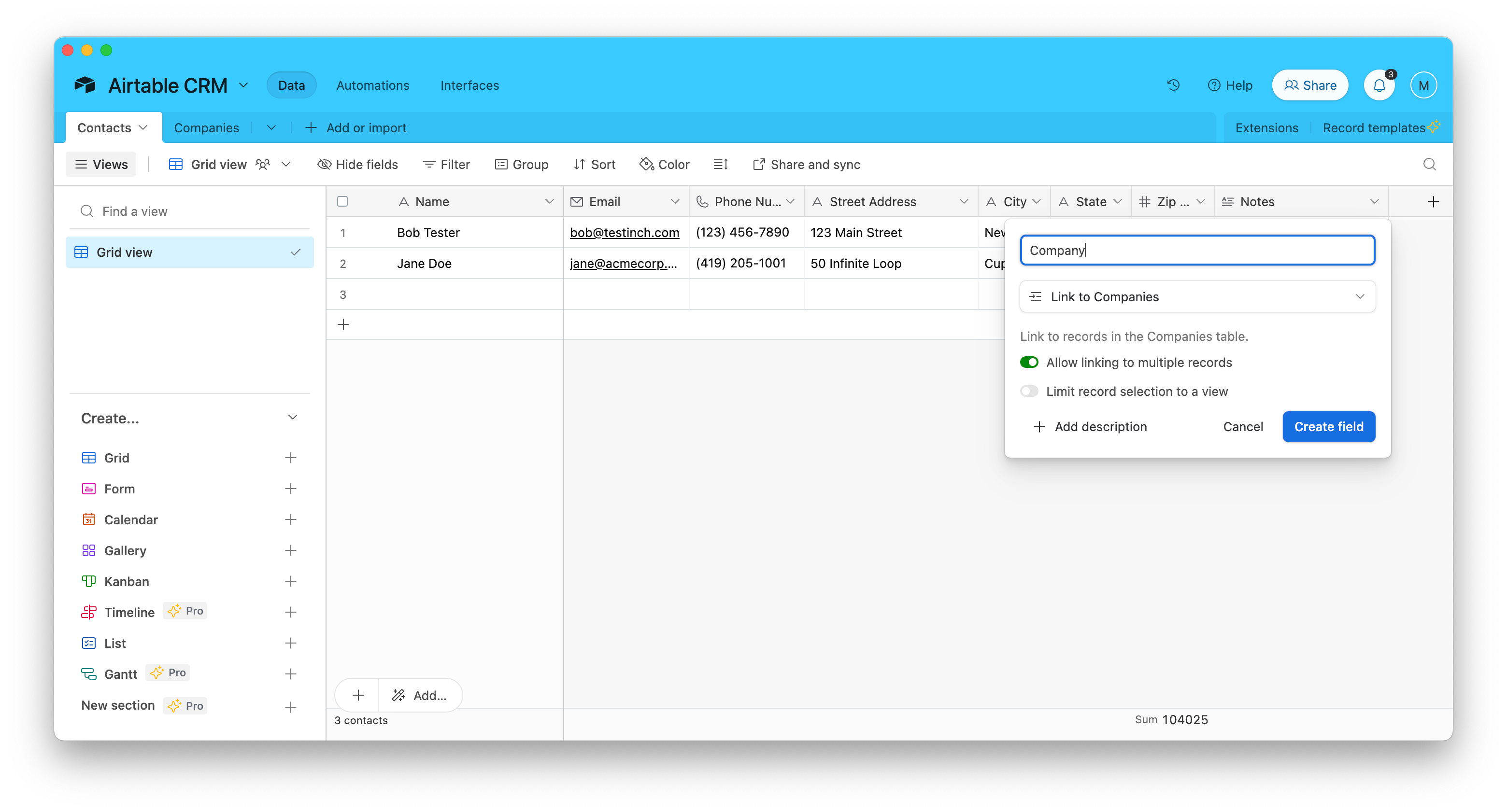 Create tables for contacts, companies, and more, then add Linked records to tie them together.